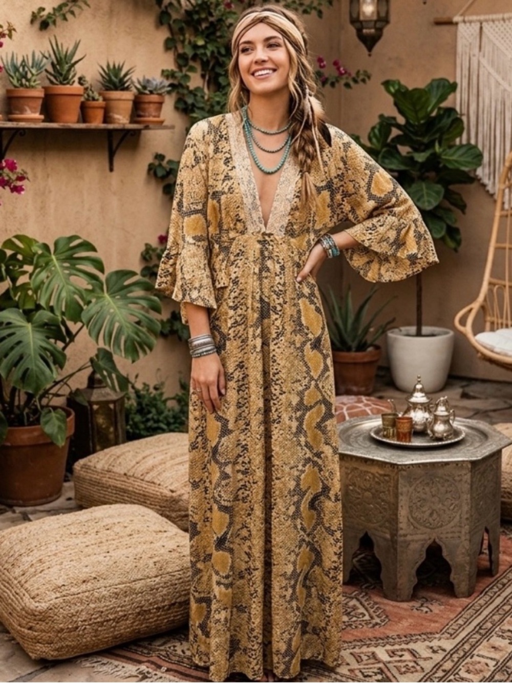 NWOT POL Wild and Free Boho Maxi Python-Print Dress in Mustard/Gold,Black, Cream
